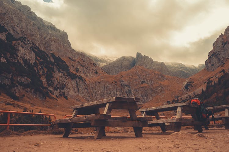 Wooden Picnic Tables At The Picnic Area