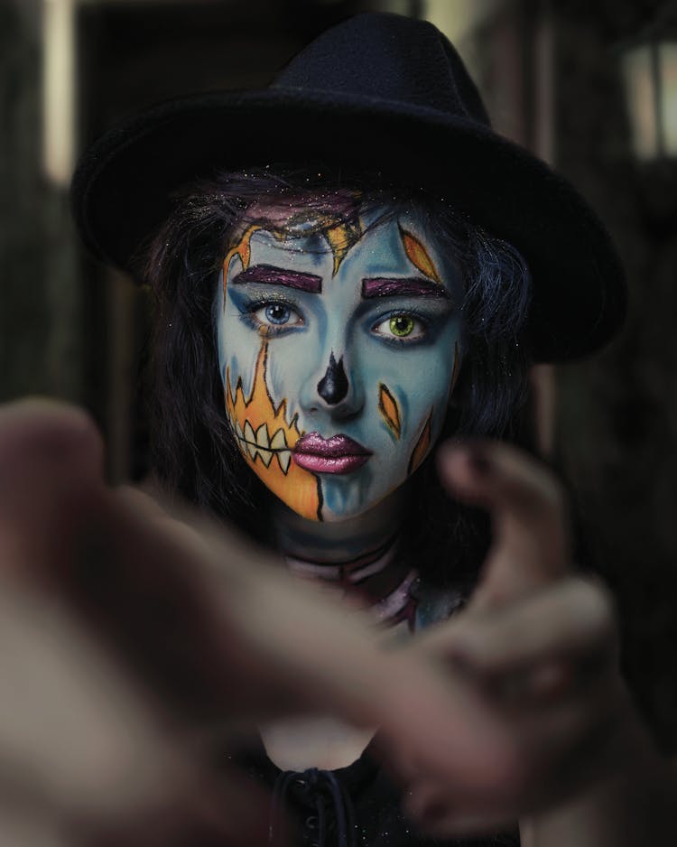 Woman With Painted Face For Halloween