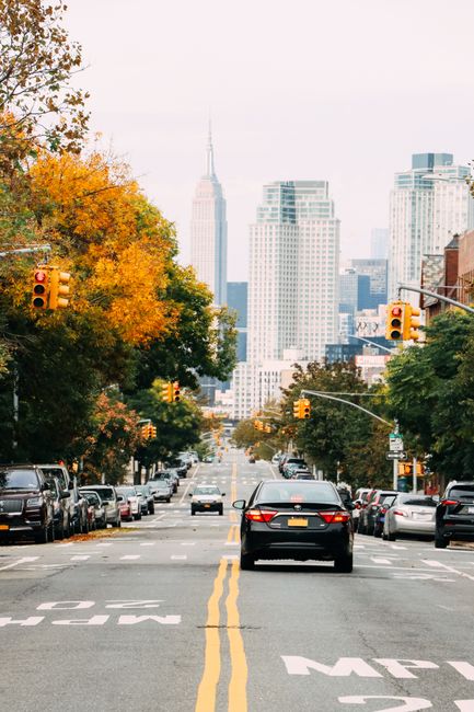 Capture of a vibrant New York street, showcasing fall foliage and the iconic skyline.