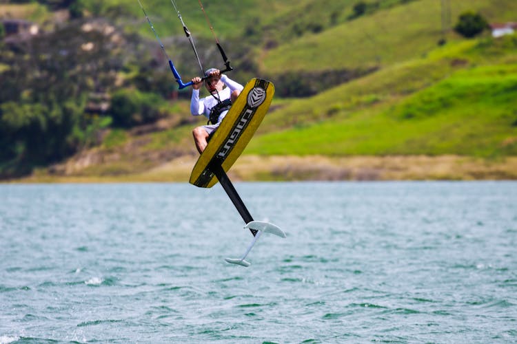 Kitesurfer Midair While Jumping