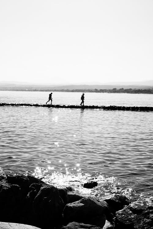 Silhouette of People Walking Down the Pier at the Sea