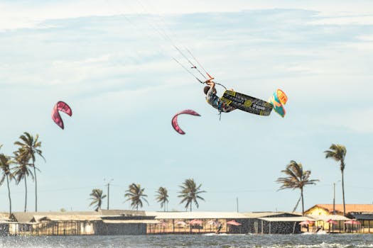 A kiteboarder performs an aerial trick over the ocean on a sunny day, with palm trees in the background.