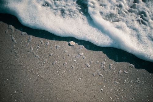Free Calm ocean waves gently washing over a sandy beach with seashell detail. Stock Photo