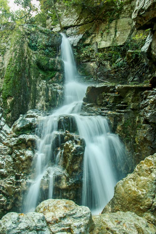 Cascading Waterfalls on Rocky Cliff