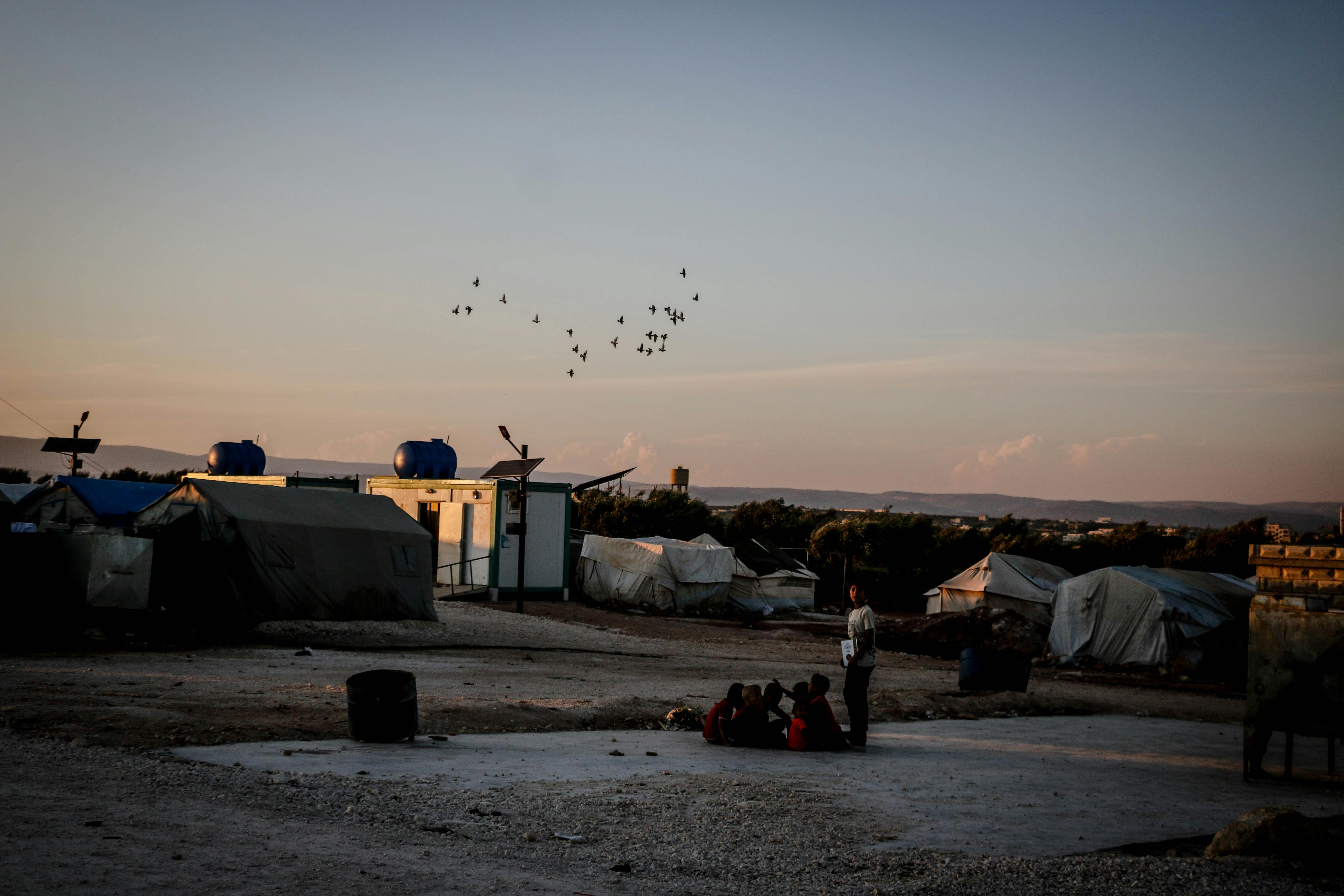 A group of people in a refugee camp in Syria, with birds flying overhead at sunset.