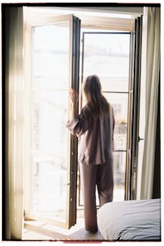 A woman in pajamas stands by a sunlit open balcony door, gazing outside.