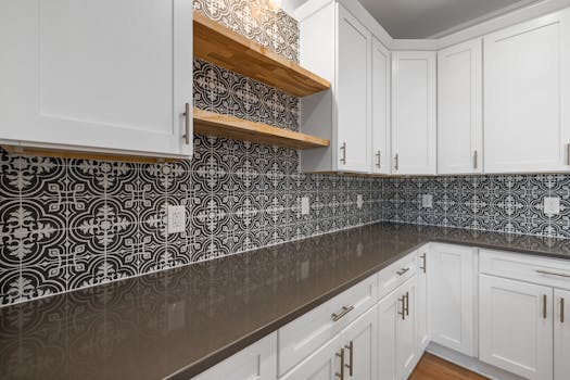 Stylish kitchen interior featuring modern white cabinets and geometric patterned tile backsplash.