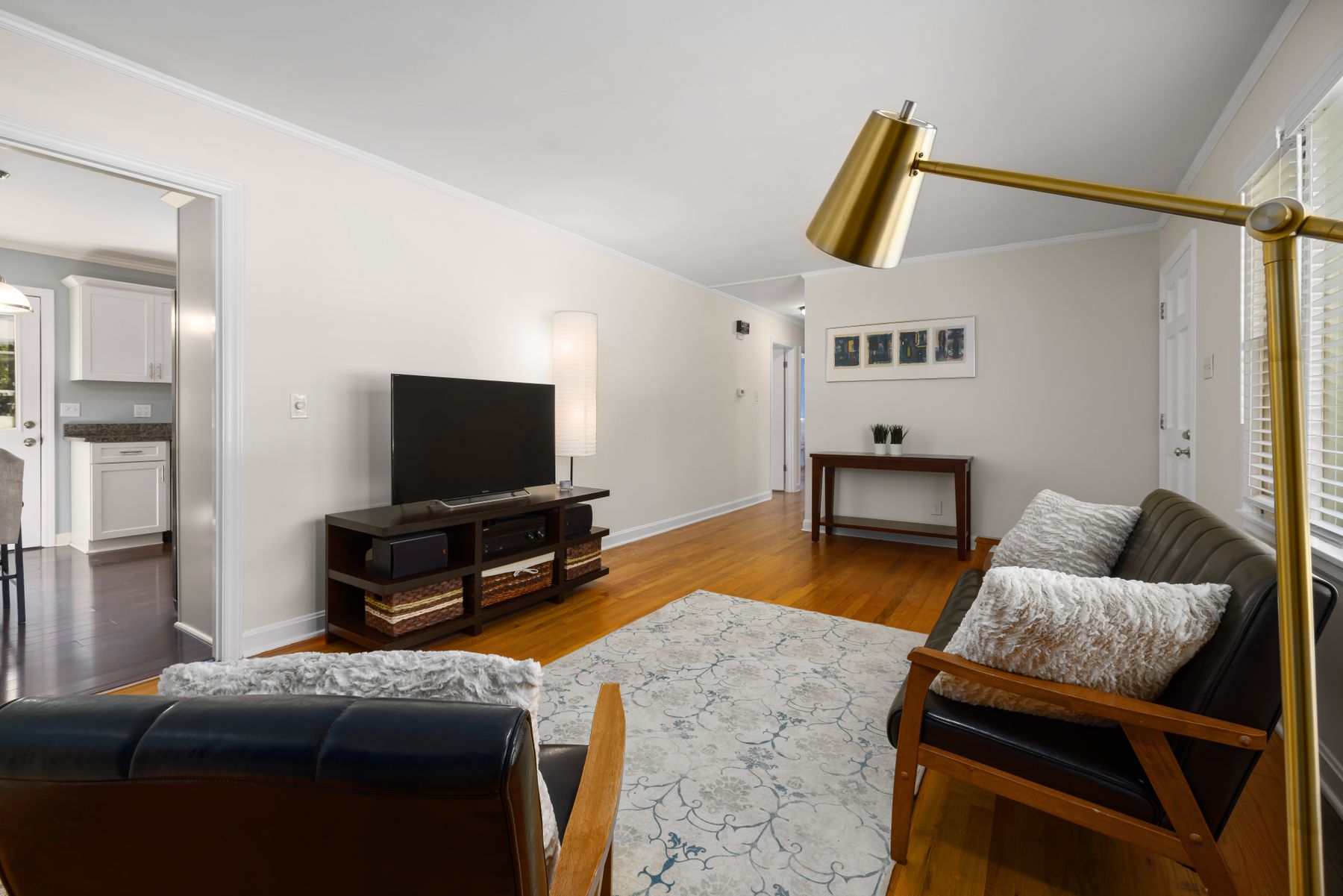 Living room seating with an adjustable brass floor lamp, rug and TV