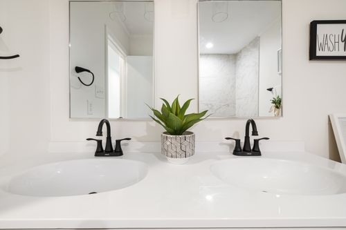 Free Sleek modern bathroom featuring a double vanity with black faucets and a potted plant. Stock Photo