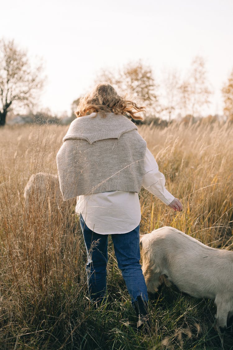 Woman On Grass Field With Dog