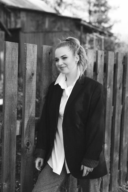 Monochrome Photo of Woman in Black Blazer 