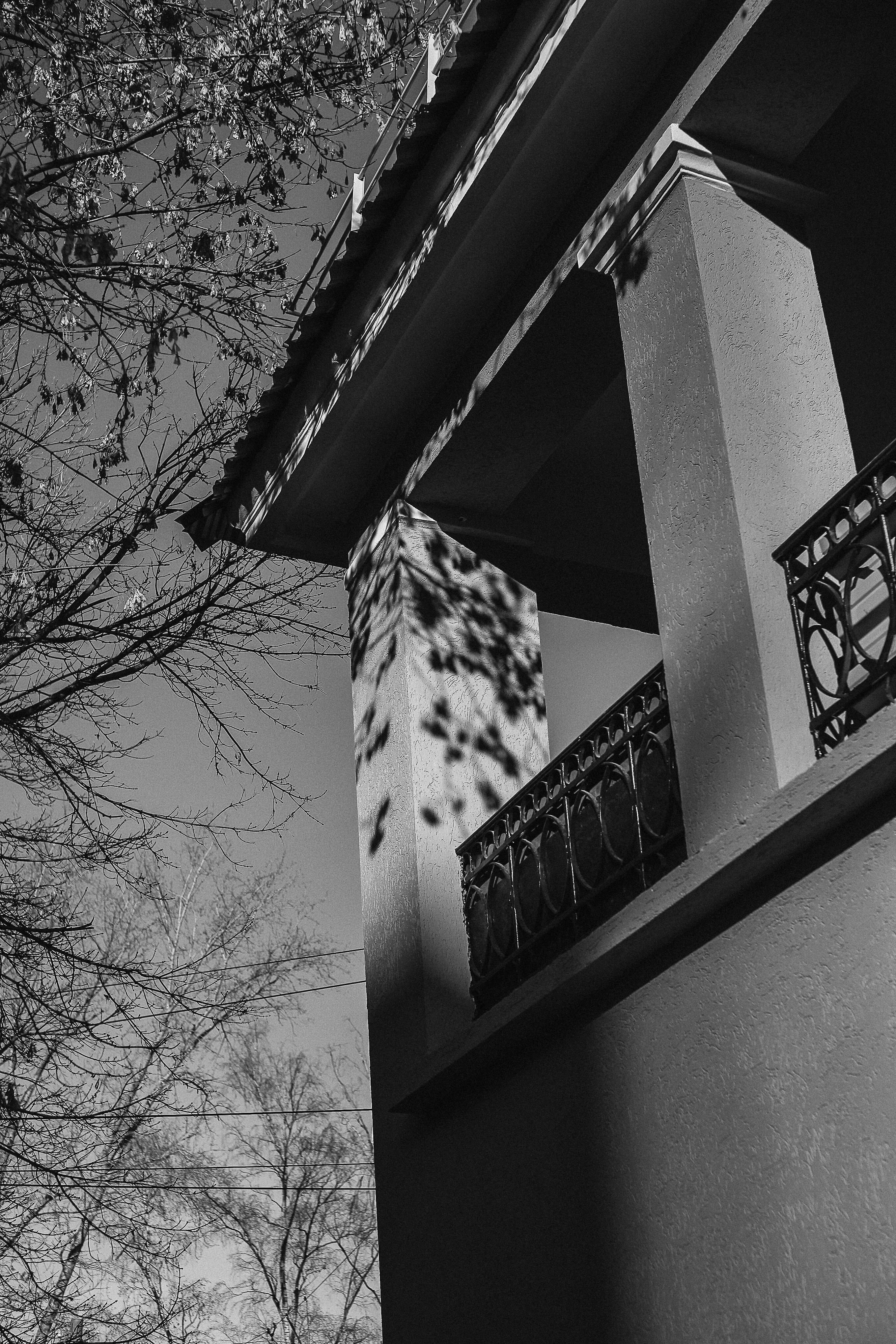A stylish black and white photo of a balcony with intricate railings, capturing architectural elegance.