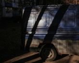 Blue and White Van Parked Near Bare Trees