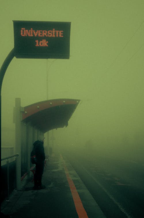 Photo of a Person Waiting at a Bus Stop on a Foggy Day
