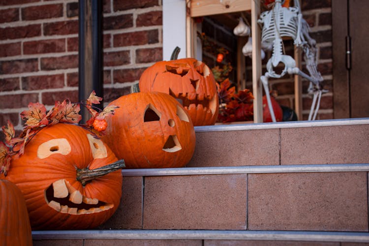 Photograph Of Orange Carved Pumpkins