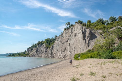 Woman Walks on Brown Seashore Near Cliff With Green Trees Under Blue and White Sky