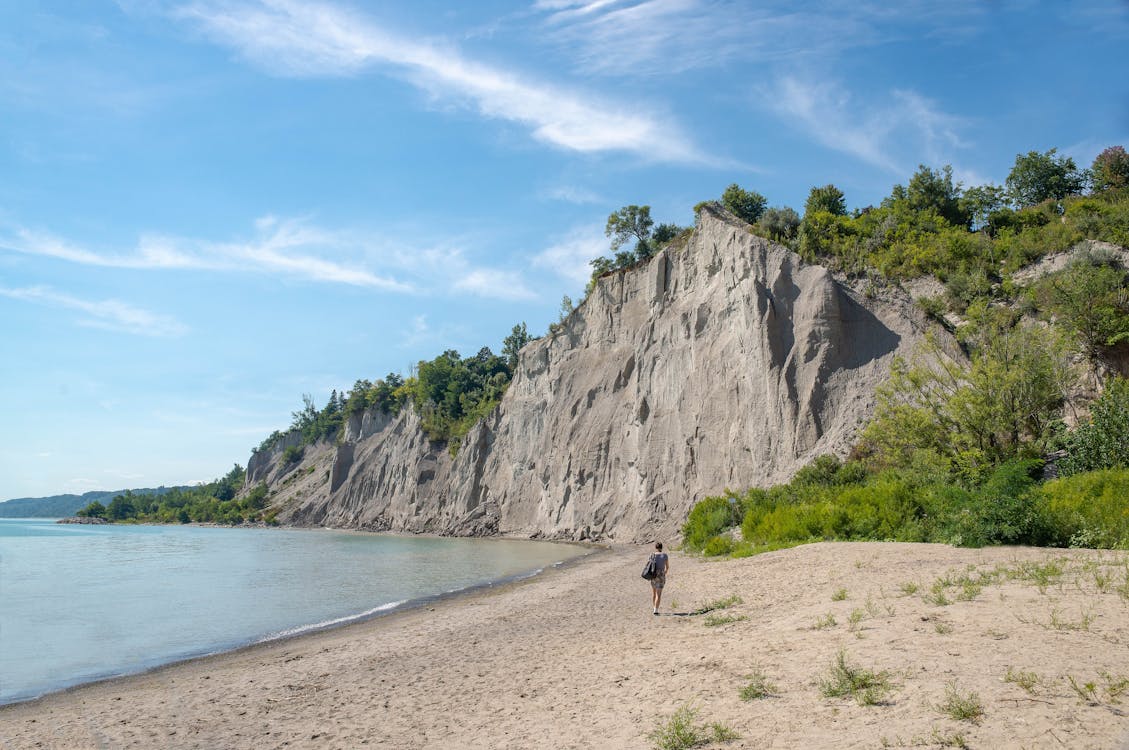 Woman Walks on Brown Seashore Near Cliff With Green Trees Under Blue and White Sky