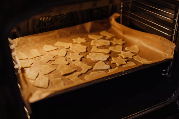 Baked items on a baking sheet in an oven