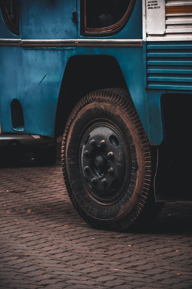 A Wheel With Tire On A Bus