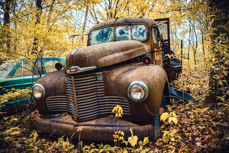 Old And Rusty Abandoned Truck In Forest