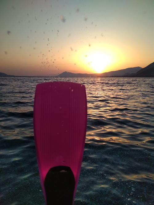 Free Vibrant sunset over the ocean with a flipper in the foreground, capturing a perfect vacation moment. Stock Photo