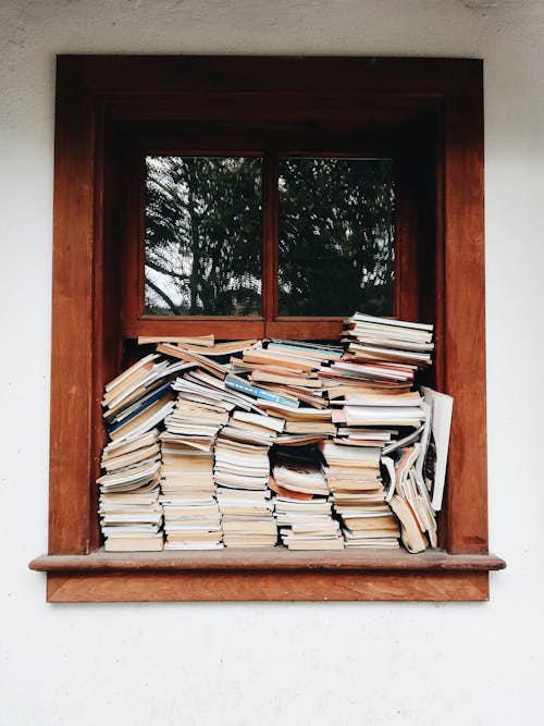 Foto d'estoc gratuïta de finestra de fusta, llibres, munts