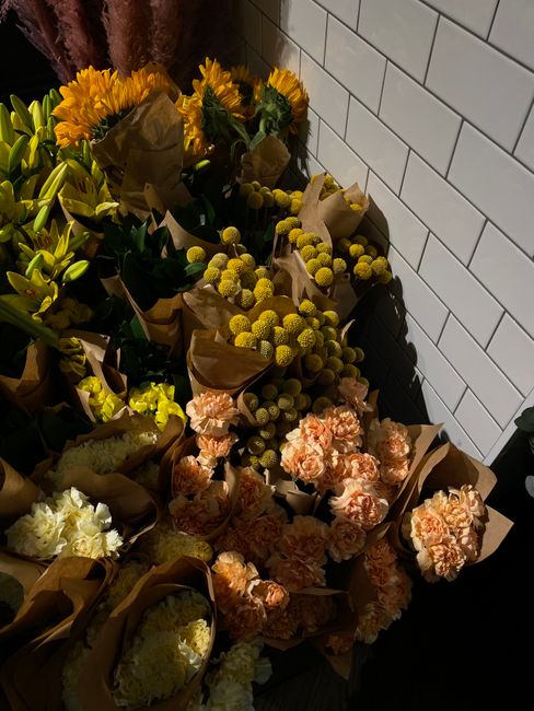 Vibrant wrapped bouquets featuring a variety of flowers against a textured wall in soft lighting.