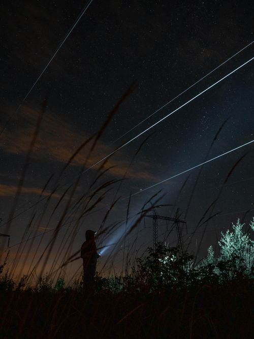 Free A person with a flashlight stands silhouetted at night beneath a starry sky, framed by power lines. Stock Photo