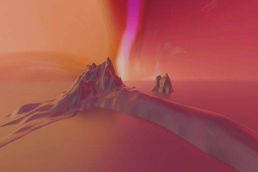 Surreal abstract landscape featuring vibrant colors, digital render of mountains and sea.