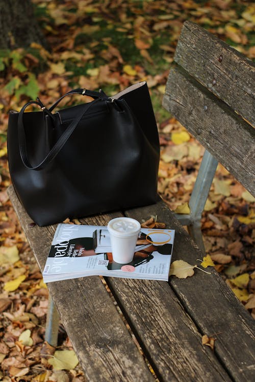 Základová fotografie zdarma na téma časopis, černá taška, dřevěná lavička