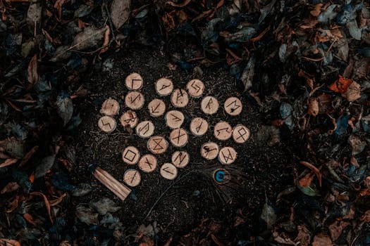 Collection of runic symbols on wooden discs surrounded by dry autumn leaves, creating a mystical outdoor scene.