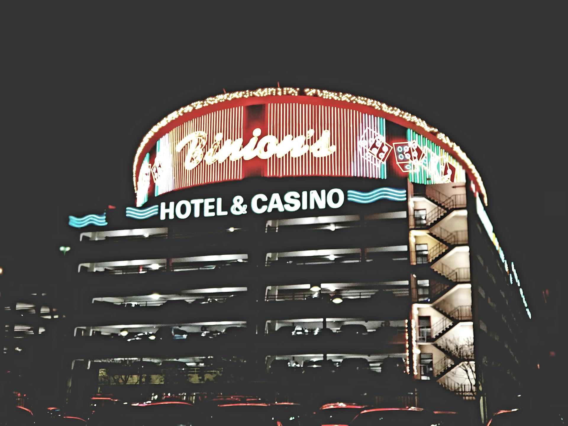 Night view of the iconic Binion's Hotel and Casino showcasing its bright neon lights in Las Vegas.