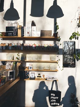 Sunny coffee shop interior displaying products and casting shadows on a wall.