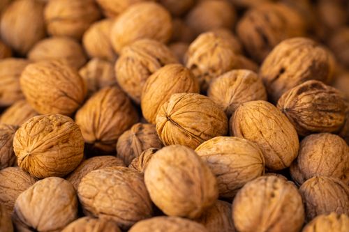 Free A detailed close-up of fresh, unshelled walnuts showcasing their natural texture and nutritious appeal. Stock Photo