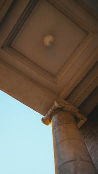 Low angle view of classical architectural column and ceiling detail with clear blue sky.