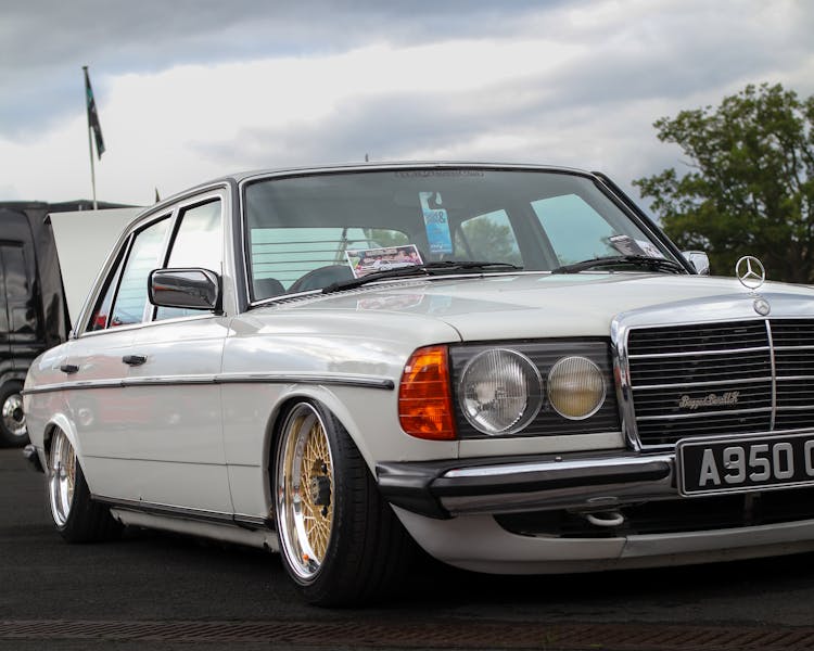 White Mercedes Benz Parked Near Green Tree