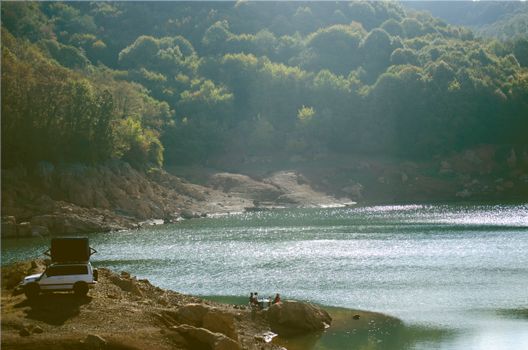 Tranquil campsite by the lake in a mountain forest, perfect for outdoor adventure.