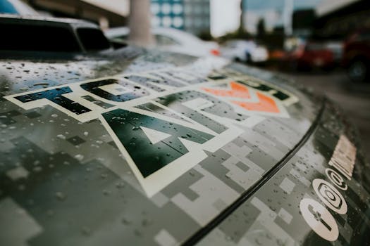 Water droplets on a car with colorful graphic, showcasing texture and detail.