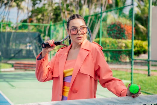 Fashionable young woman in a vibrant coat posing confidently on a tennis court.
