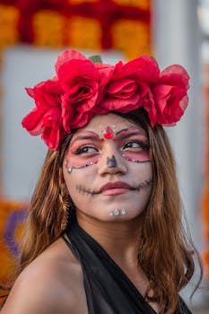 Colorful portrait of a woman in Day of the Dead makeup with red floral crown.