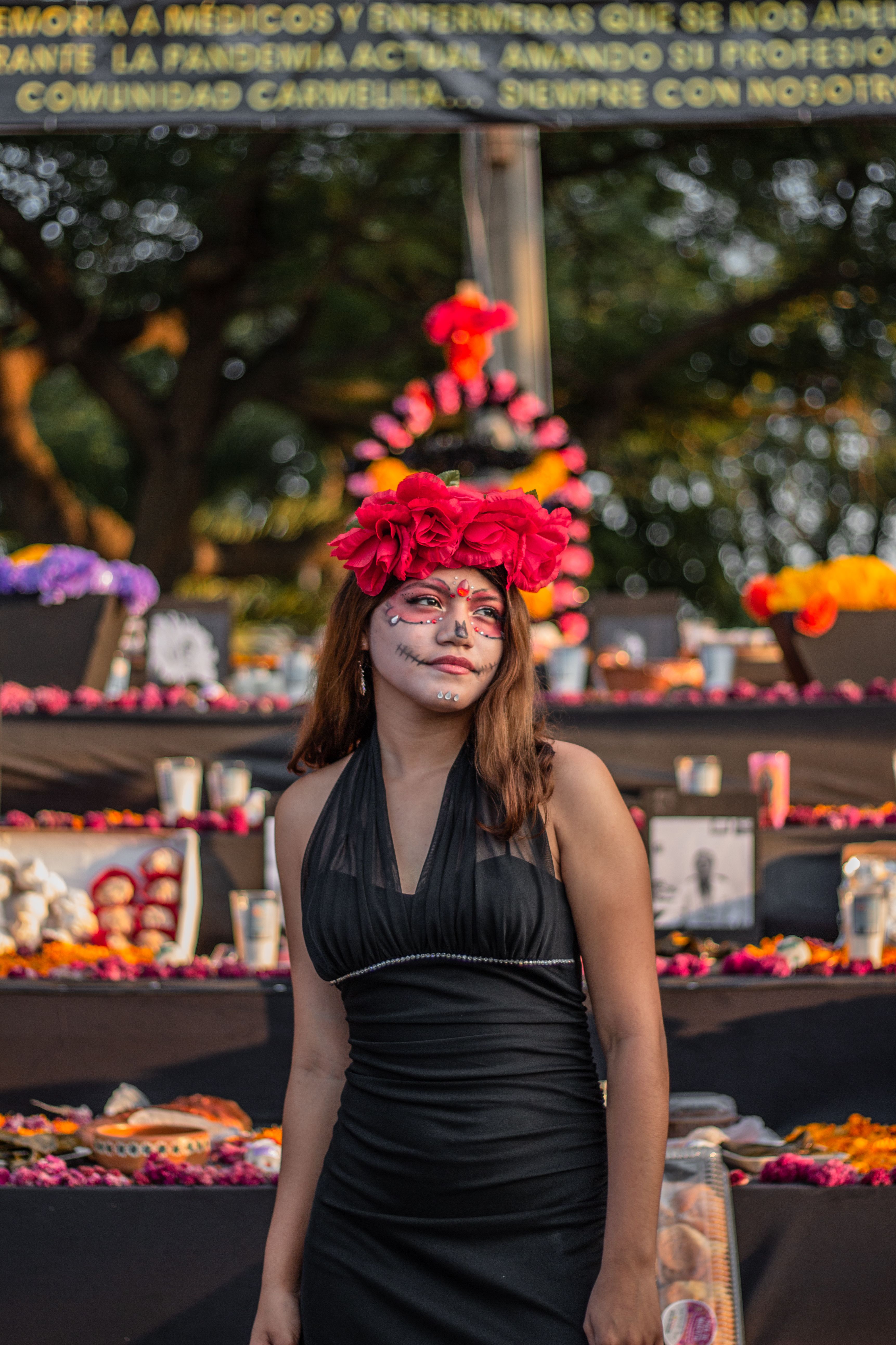 Woman in Black Dress Wearing a Flower Crown · Free Stock Photo