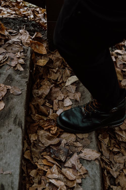 Closeup of a Man in Black Clothes Walking on Stairs with Dry Leaves