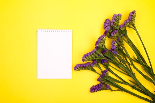 Notepad Beside Purple Flowers on Yellow Surface