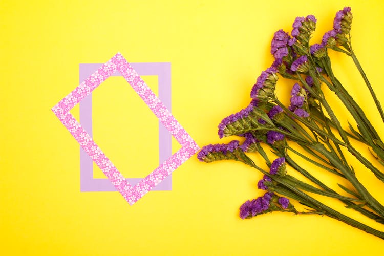 Purple Flowers And Rectangles On Yellow Background