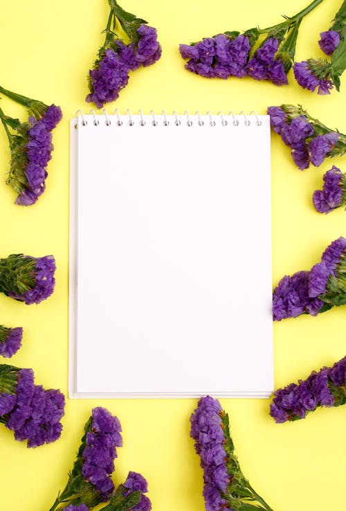 Studio Shoot of a Blank Notebook on Yellow Background and Purple Flowers