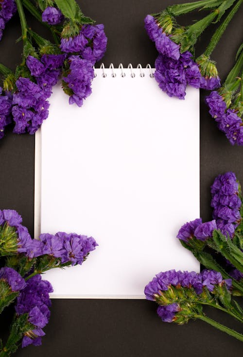 Close Up Photo of Purple Flowers on Blank Notepad