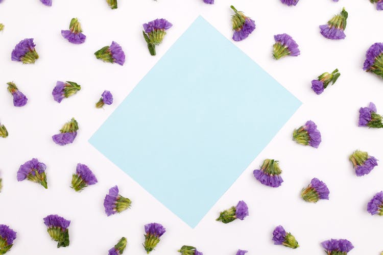 Purple Flowers Surrounding The White Paper