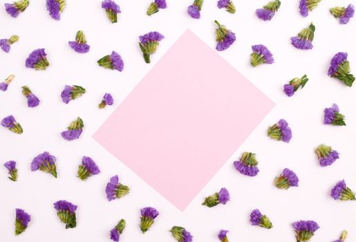 Top view of purple limonium flowers arranged around a pink paper on a white background, offering ample copy space.