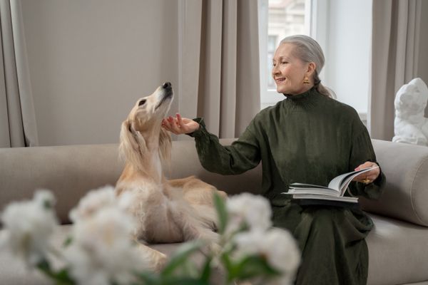 Senior woman at home spending time with her dog