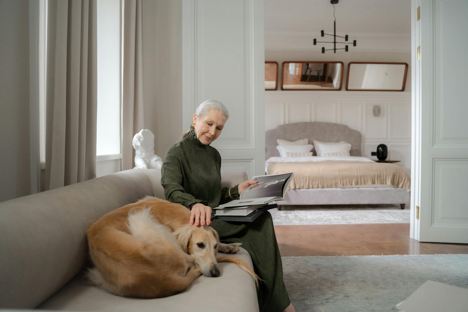 Une vieille femme lit un livre sur le canapé et caresse un lévrier enroulé.